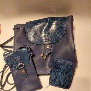 ESBE Int'l SA Navy Blue LADIES BACKPACK with neck PHONE CASE and ZIPPERED WALLET